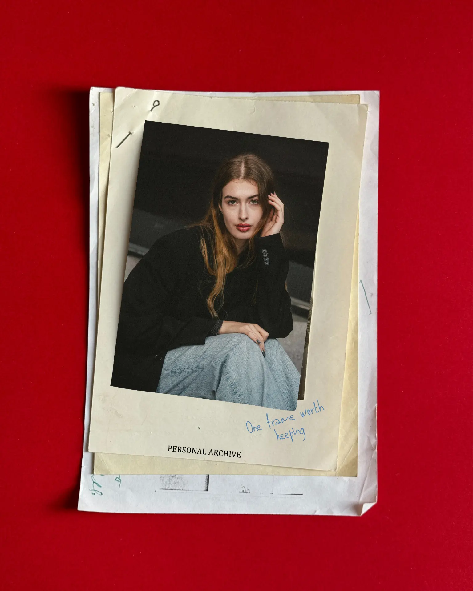 Woman in a black blazer, polaroid stack on red
