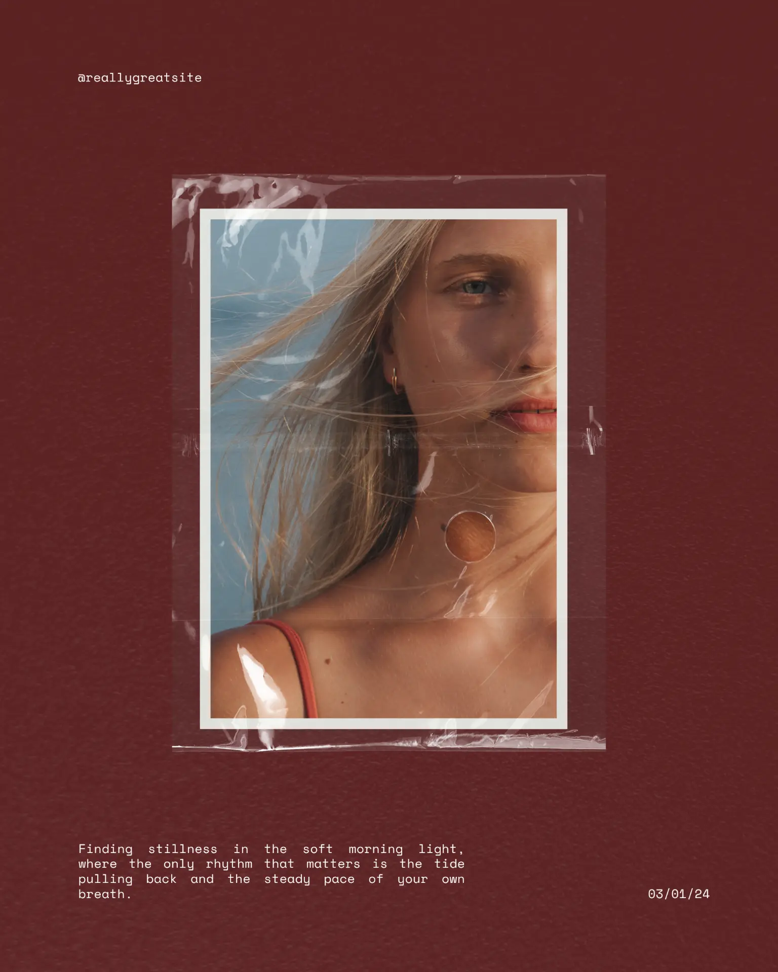 Portrait behind plastic texture on deep maroon