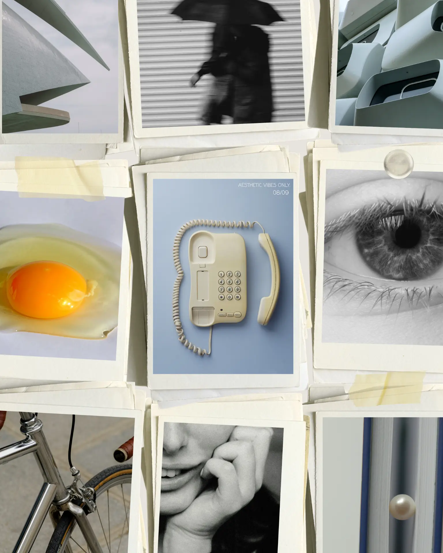 Grid of polaroids: an eye, an egg, architecture, a telephone